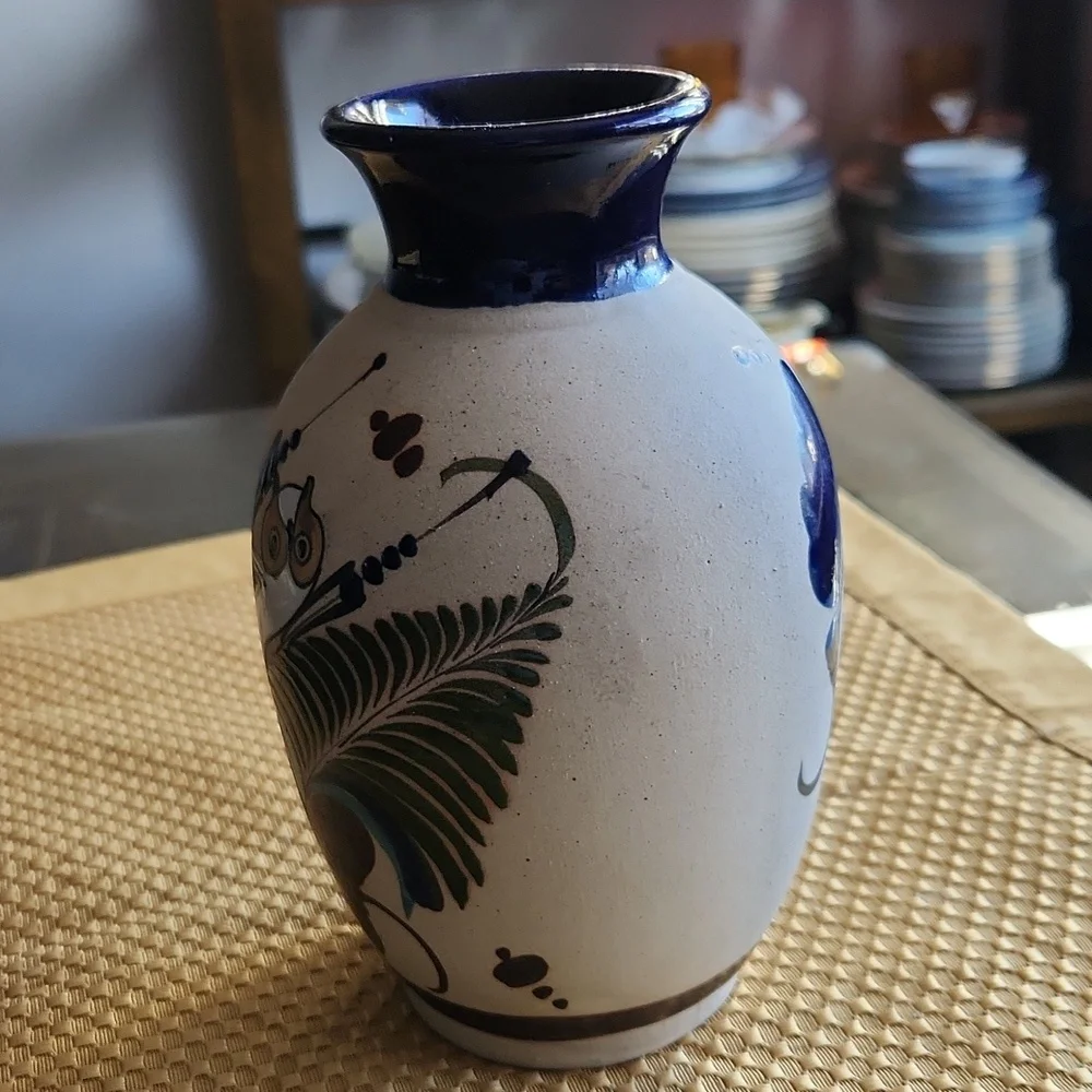Mexican Pottery Vase With Owl Design Collectible Vintage Tonala Folk Art